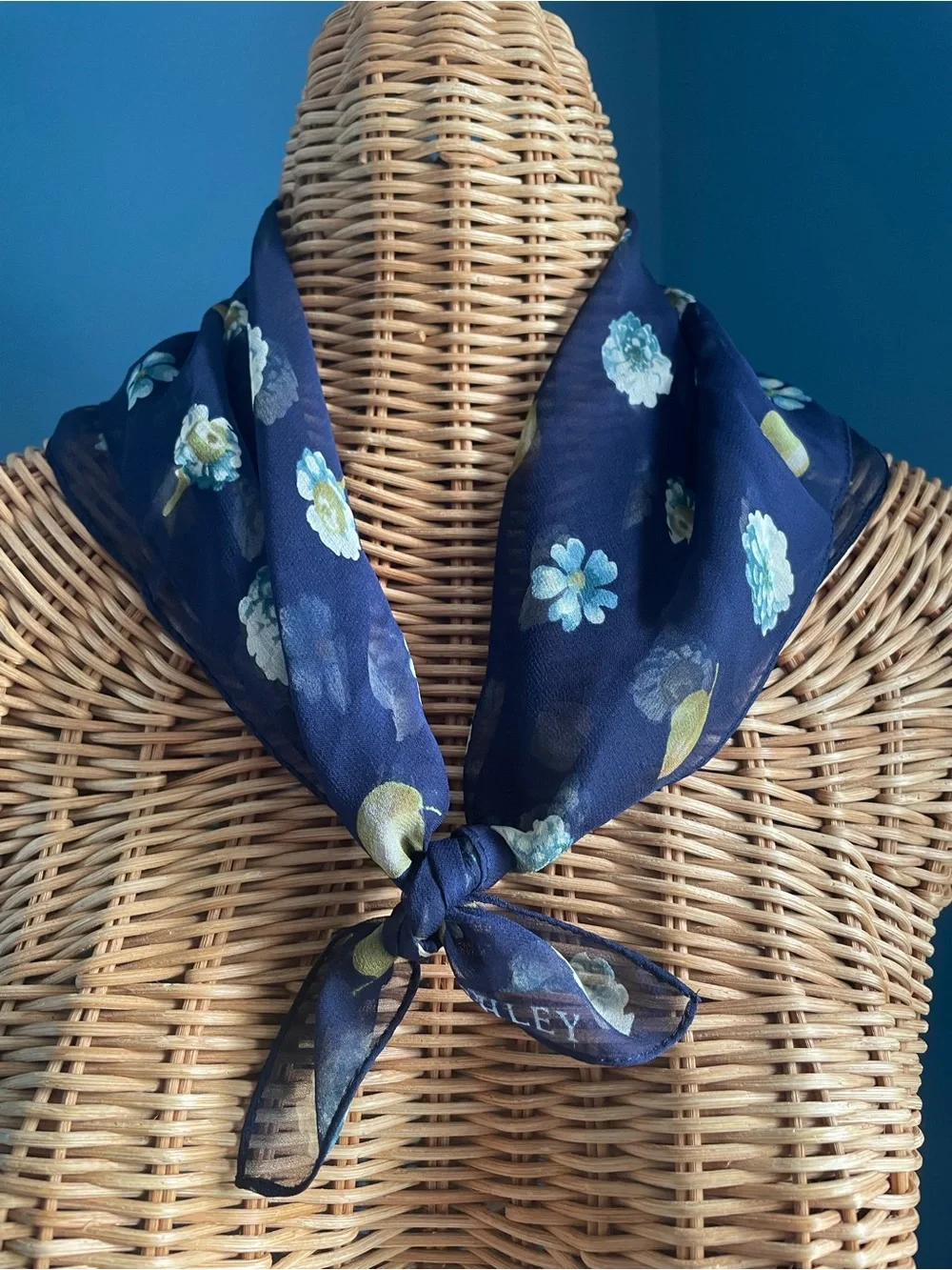 Vintage Laura Ashley Silk Chiffon Sheer Scarf Neckerchief Navy Floral